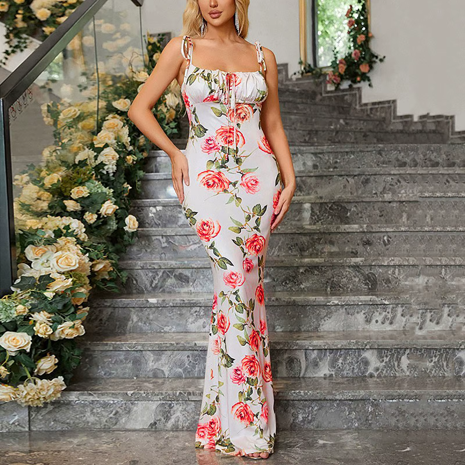 Elegant Spaghetti Strap Floral Printed Wedding Guest Maxi Dress