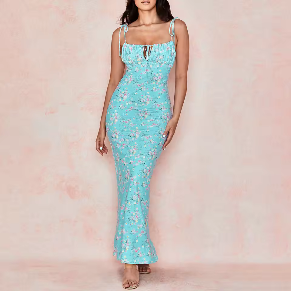 Bohemian Spaghetti Strap Floral Printed Wedding Guest Maxi Dress