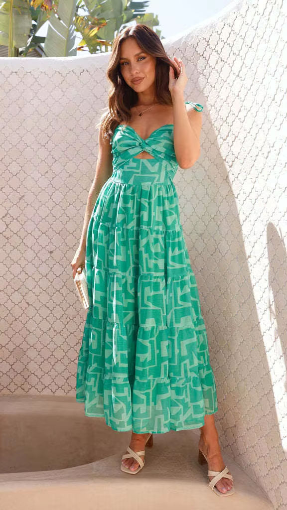 Elegant Spaghetti Strap Pullover Style Printed A-line Strap Long Dress