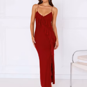 Elegant Spaghetti Strap Ruffle Lace-up Sleeveless Backless Split Bodycon Maxi Dress