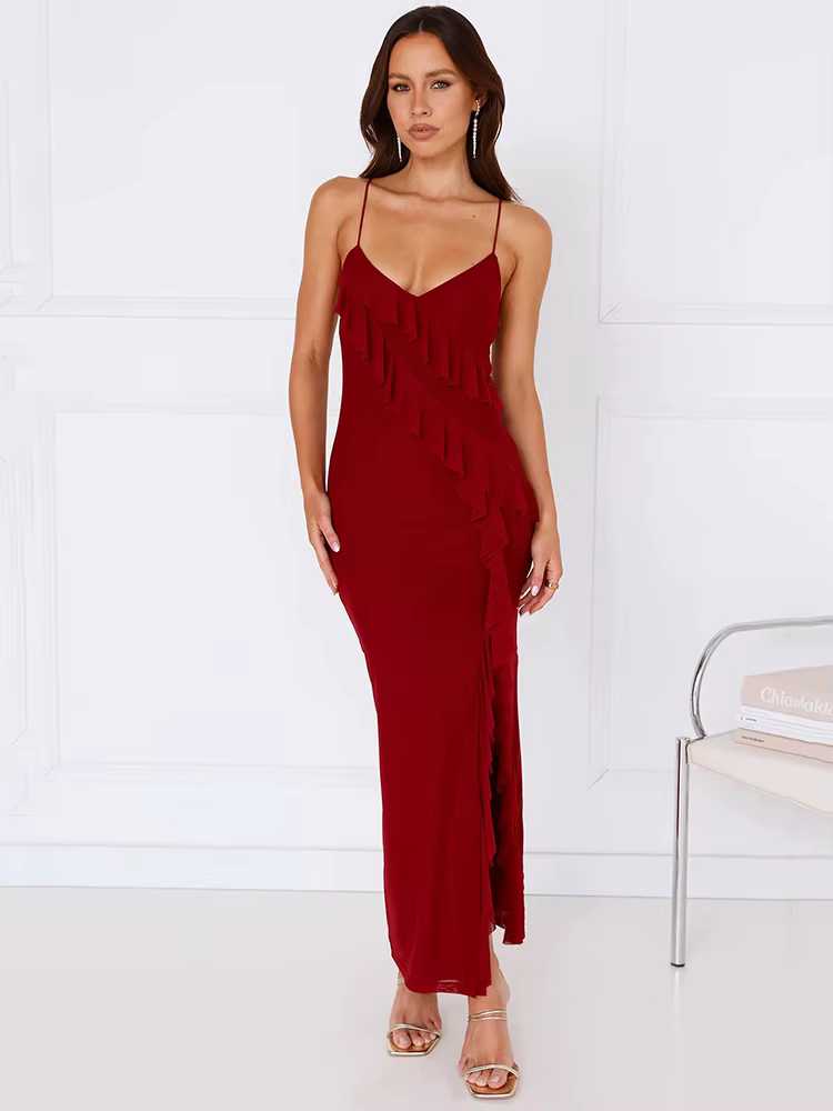 Elegant Spaghetti Strap Ruffle Lace-up Sleeveless Backless Split Bodycon Maxi Dress