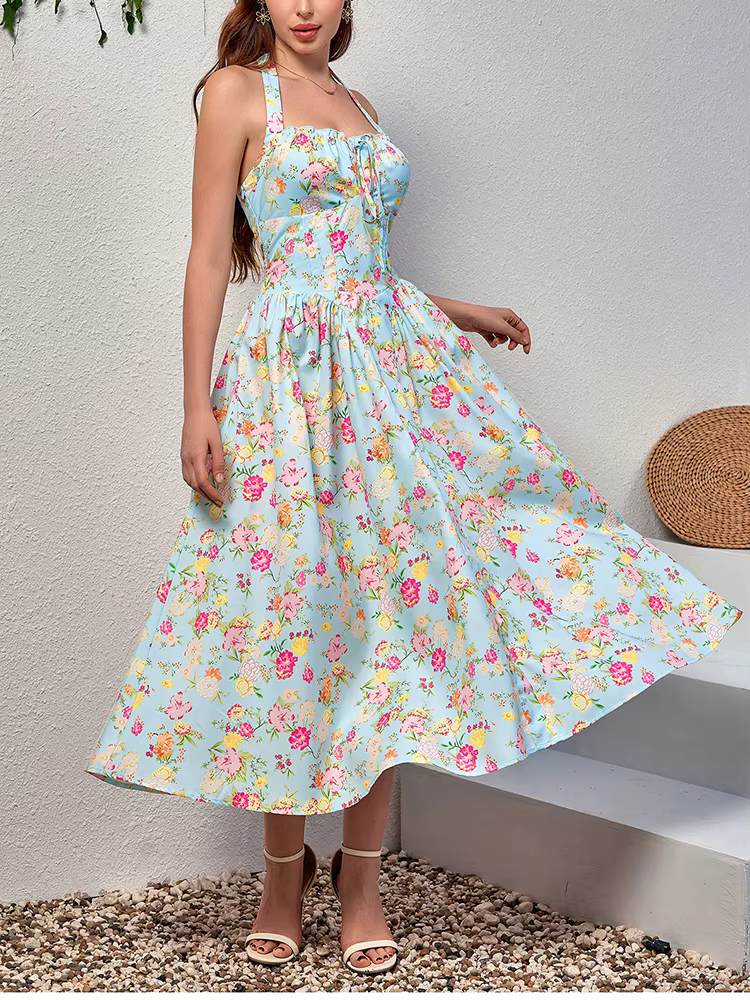 Elegant Spaghetti Straps Tie Up Halter Backless Print Floral Midi Corset Dress - Image 12
