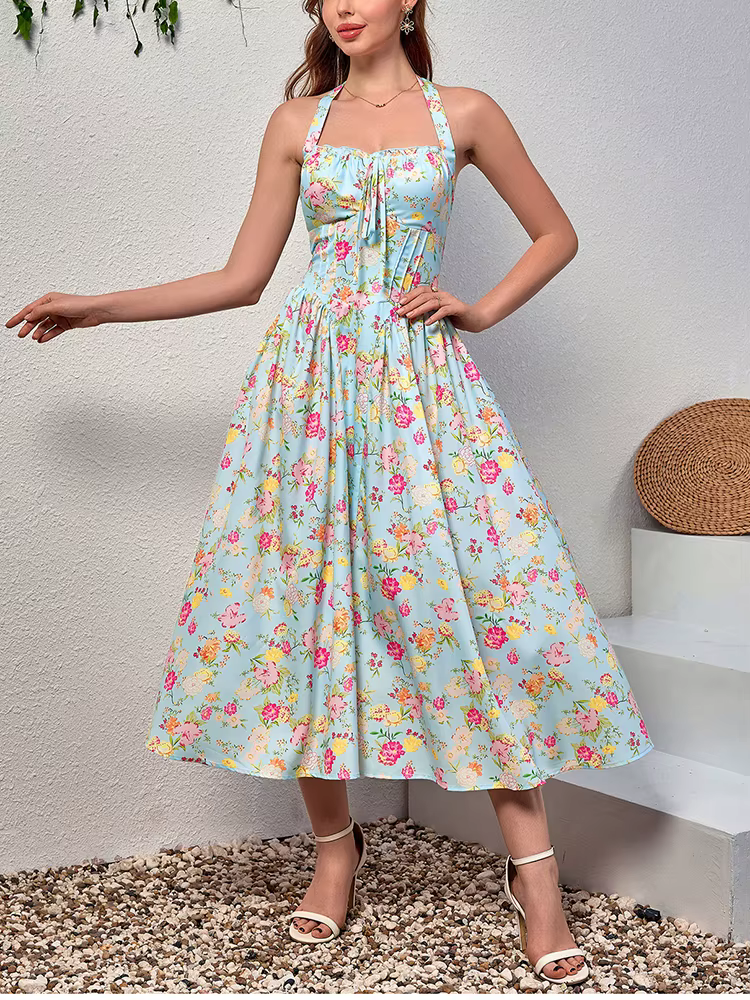 Elegant Spaghetti Straps Tie Up Halter Backless Print Floral Midi Corset Dress - Image 13