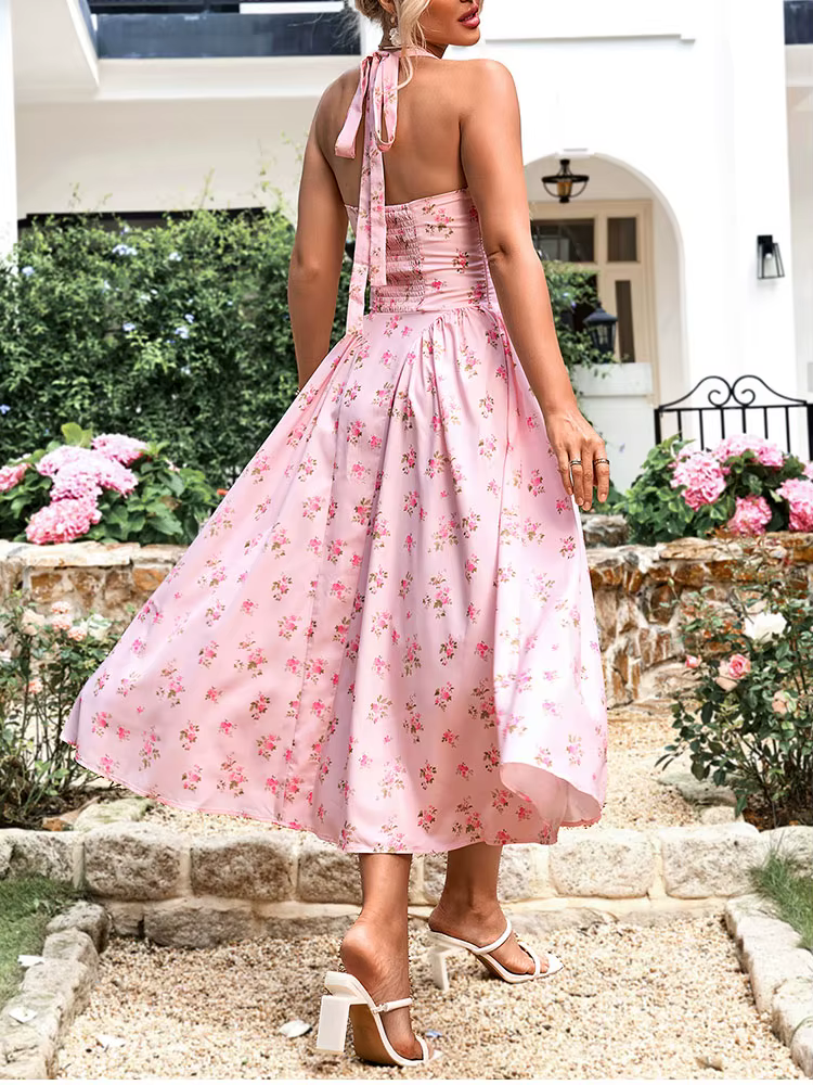 Elegant Spaghetti Straps Tie Up Halter Backless Print Floral Midi Corset Dress - Image 8