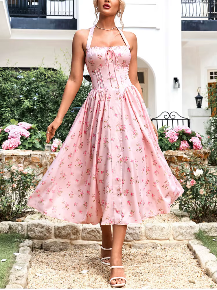 Elegant Spaghetti Straps Tie Up Halter Backless Print Floral Midi Corset Dress