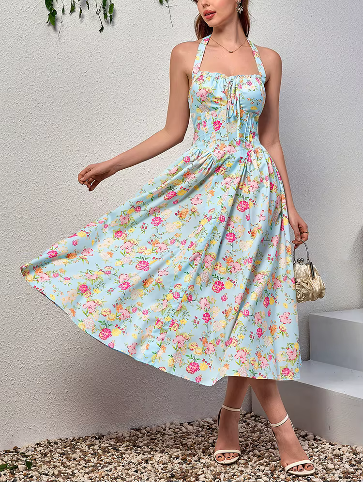 Elegant Spaghetti Straps Tie Up Halter Backless Print Floral Midi Corset Dress - Image 10