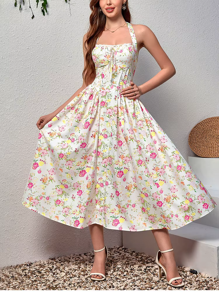 Elegant Spaghetti Straps Tie Up Halter Backless Print Floral Midi Corset Dress - Image 5