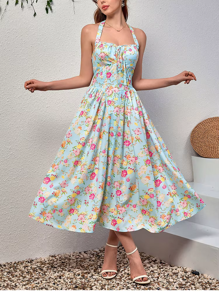 Elegant Spaghetti Straps Tie Up Halter Backless Print Floral Midi Corset Dress - Image 11