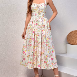 Elegant Spaghetti Straps Tie Up Halter Backless Print Floral Midi Corset Dress
