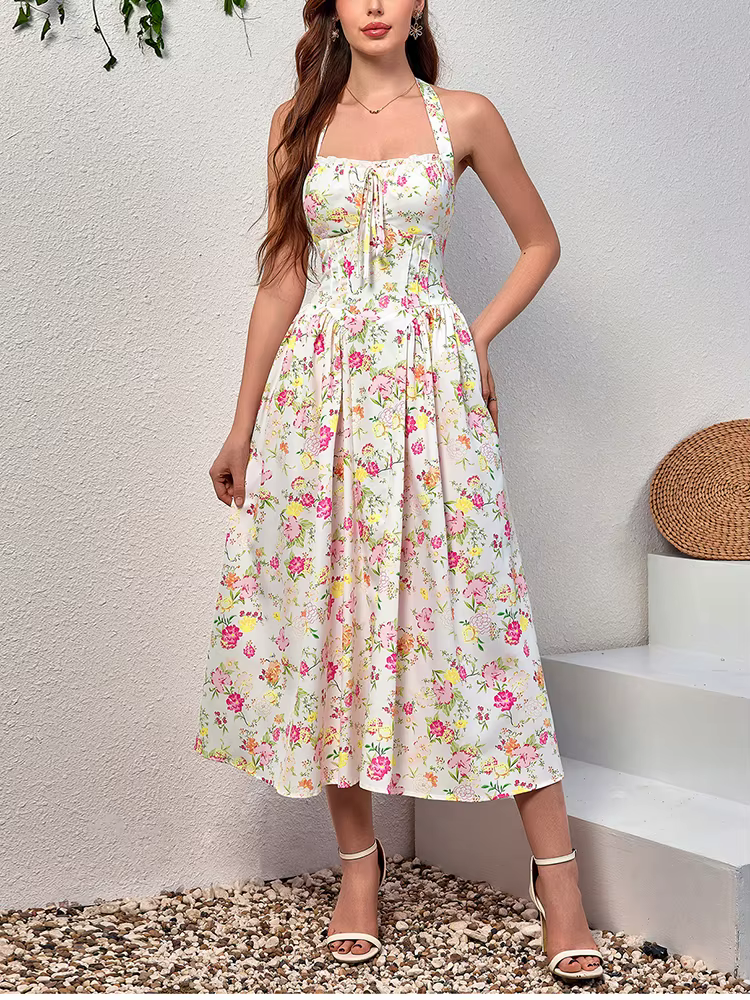 Elegant Spaghetti Straps Tie Up Halter Backless Print Floral Midi Corset Dress