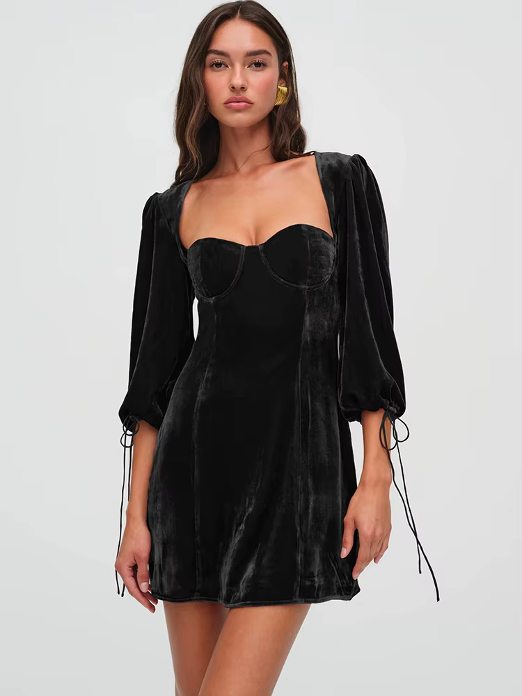 Elegant Square Collar Backless Three Quarter Lace Up Long Sleeve Dress