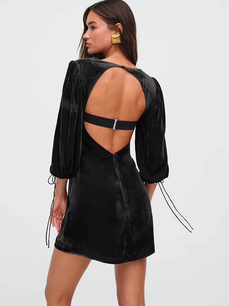 Elegant Square Collar Backless Three Quarter Lace Up Long Sleeve Dress - Image 2