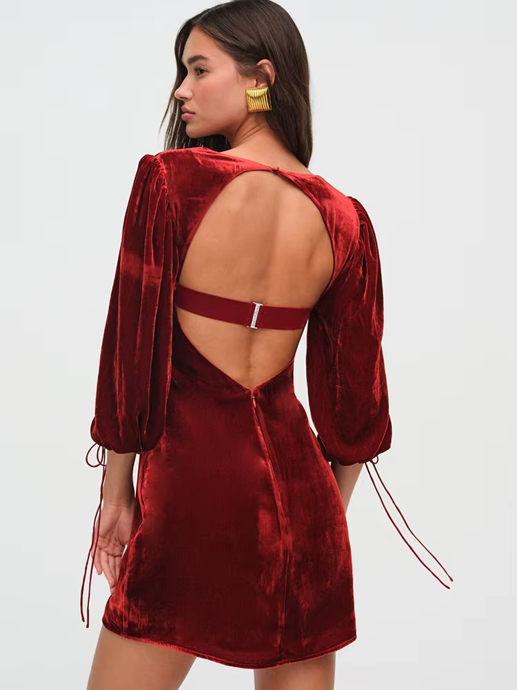 Elegant Square Collar Backless Three Quarter Lace Up Long Sleeve Dress - Image 4