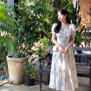 Elegant Square Collar Ruffles A-line Prom Vintage Floral Chiffon Midi Dresses