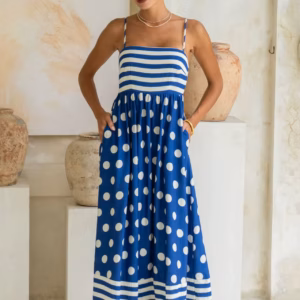 Elegant Strap Swing High Waist Printed Strap A-line Maxi Dress