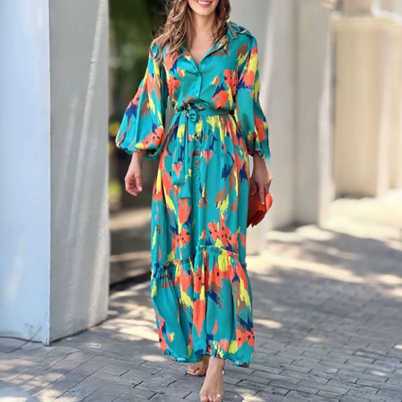 Elegant Tie-Up Lantern Sleeve Lapel Pattern Print High Street Maxi Dress