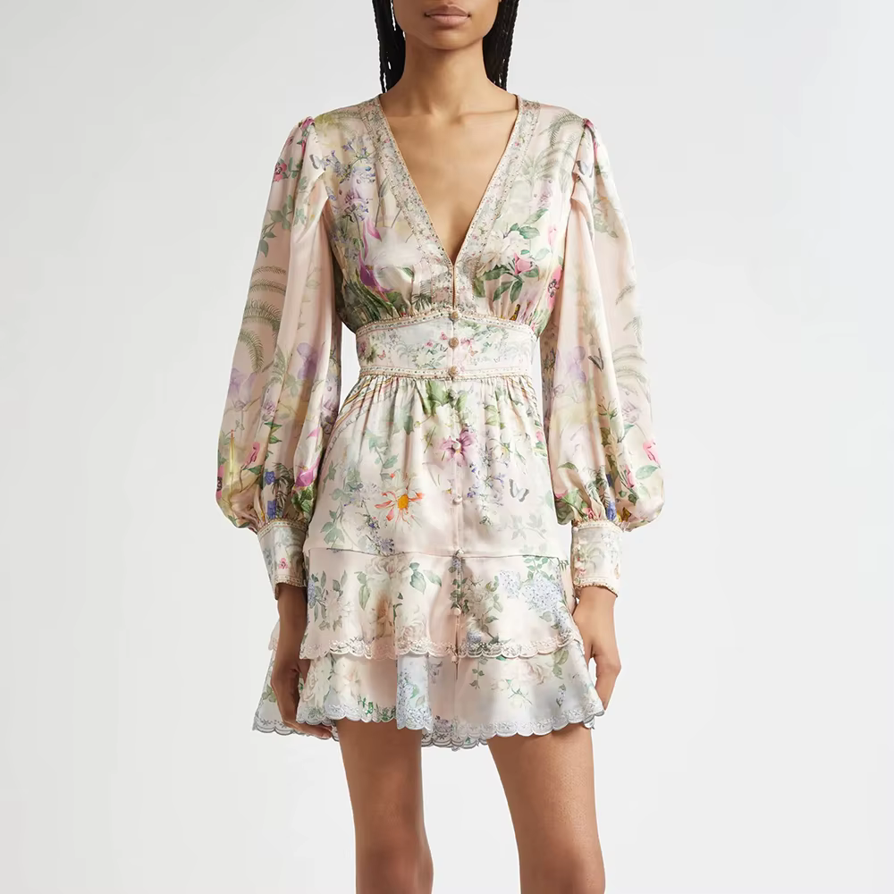 Elegant V Neck Long Sleeves Patchwork Ruffles Printing Mini Dresses