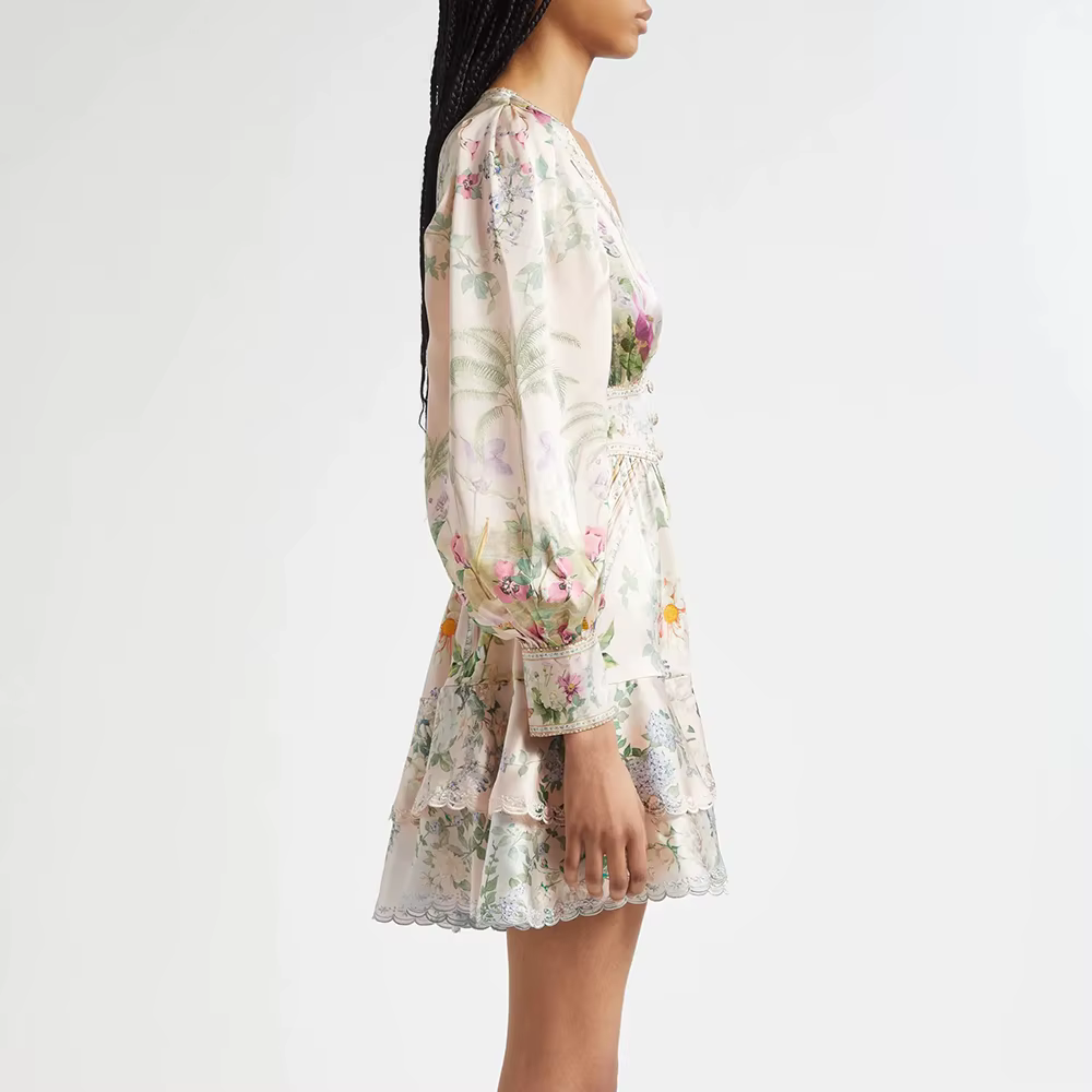 Elegant V Neck Long Sleeves Patchwork Ruffles Printing Mini Dresses - Image 3
