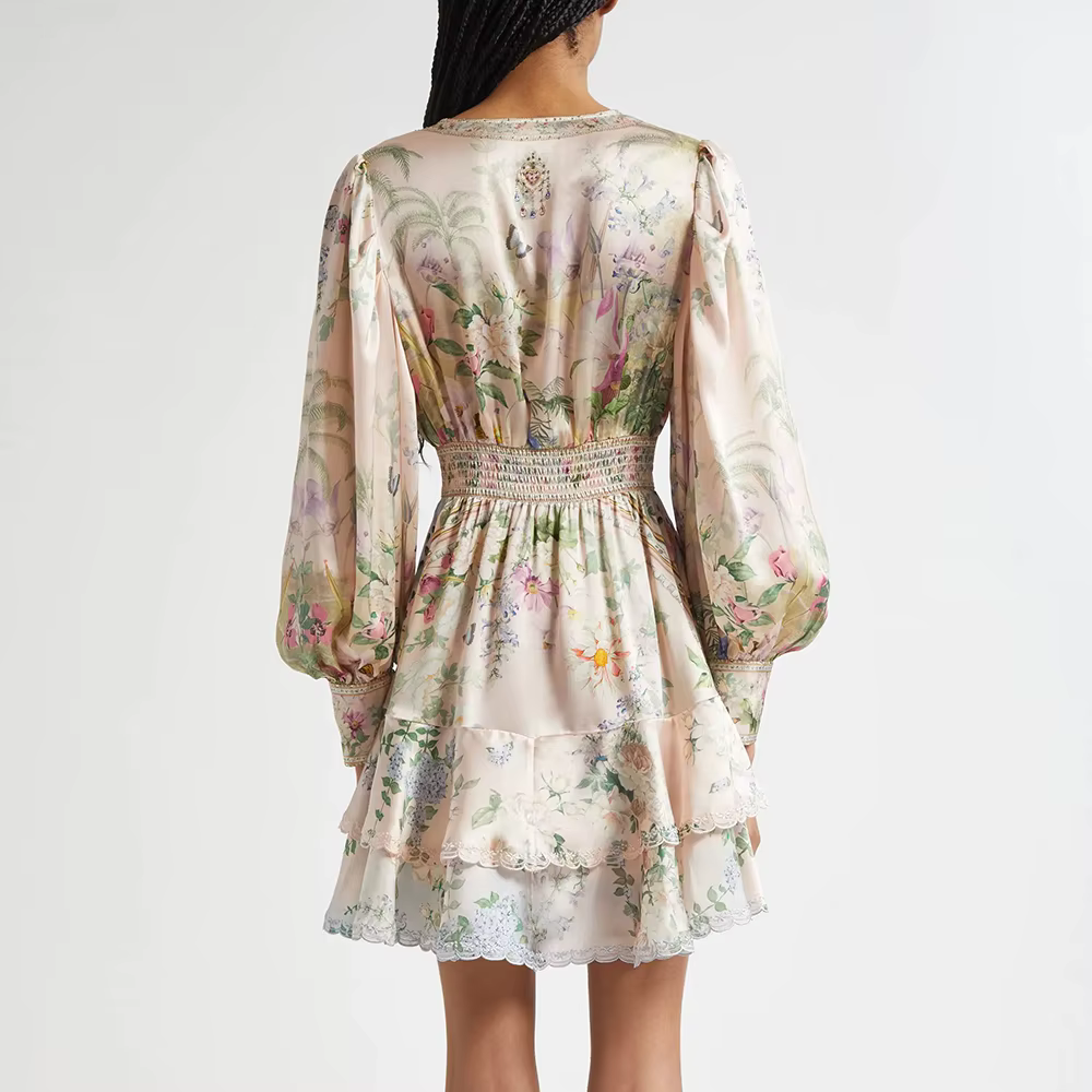 Elegant V Neck Long Sleeves Patchwork Ruffles Printing Mini Dresses - Image 4