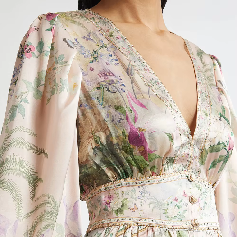 Elegant V Neck Long Sleeves Patchwork Ruffles Printing Mini Dresses - Image 2