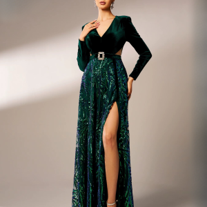 Elegant V Neck Long Sleeves Split Velvet Cutout Panel Maxi Dress