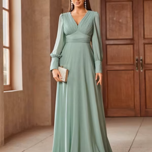Elegant V-Neck Solid Color Banquet Match Long Sleeve Dress