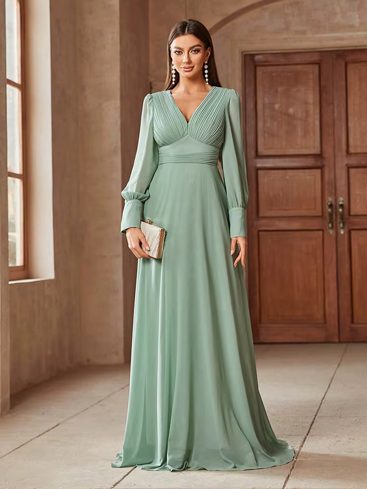 Elegant V-Neck Solid Color Banquet Match Long Sleeve Dress