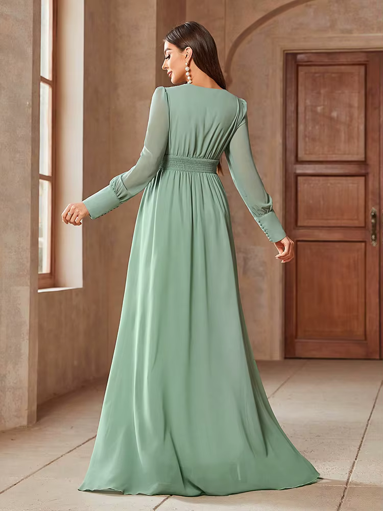 Elegant V-Neck Solid Color Banquet Match Long Sleeve Dress - Image 3