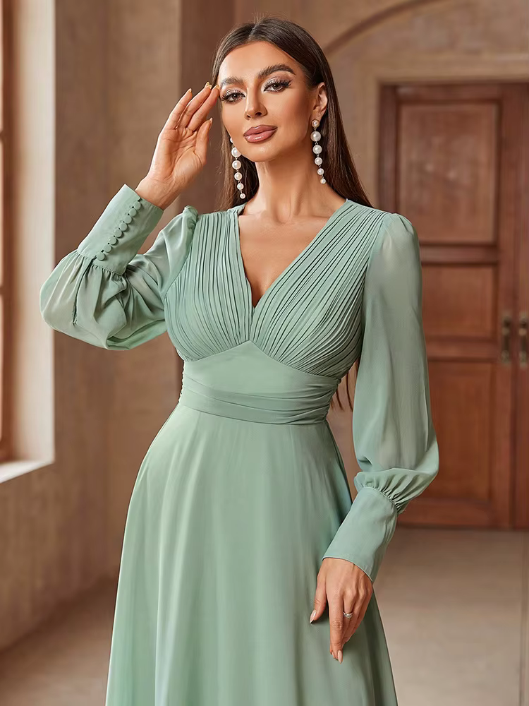 Elegant V-Neck Solid Color Banquet Match Long Sleeve Dress - Image 2