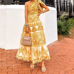 Elegant With Ruffled Edges Single Shoulder Splicing Large Swing Maxi Dress