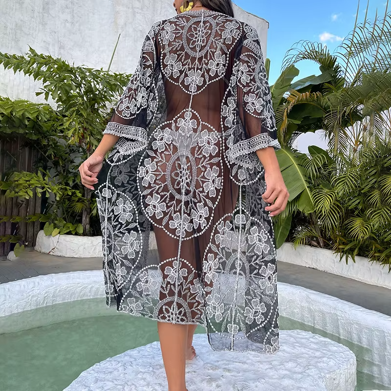 Embroidery Bikini Loose Cardigan Swimsuit Beachwear Cover Ups Sarong Kimono - Image 4