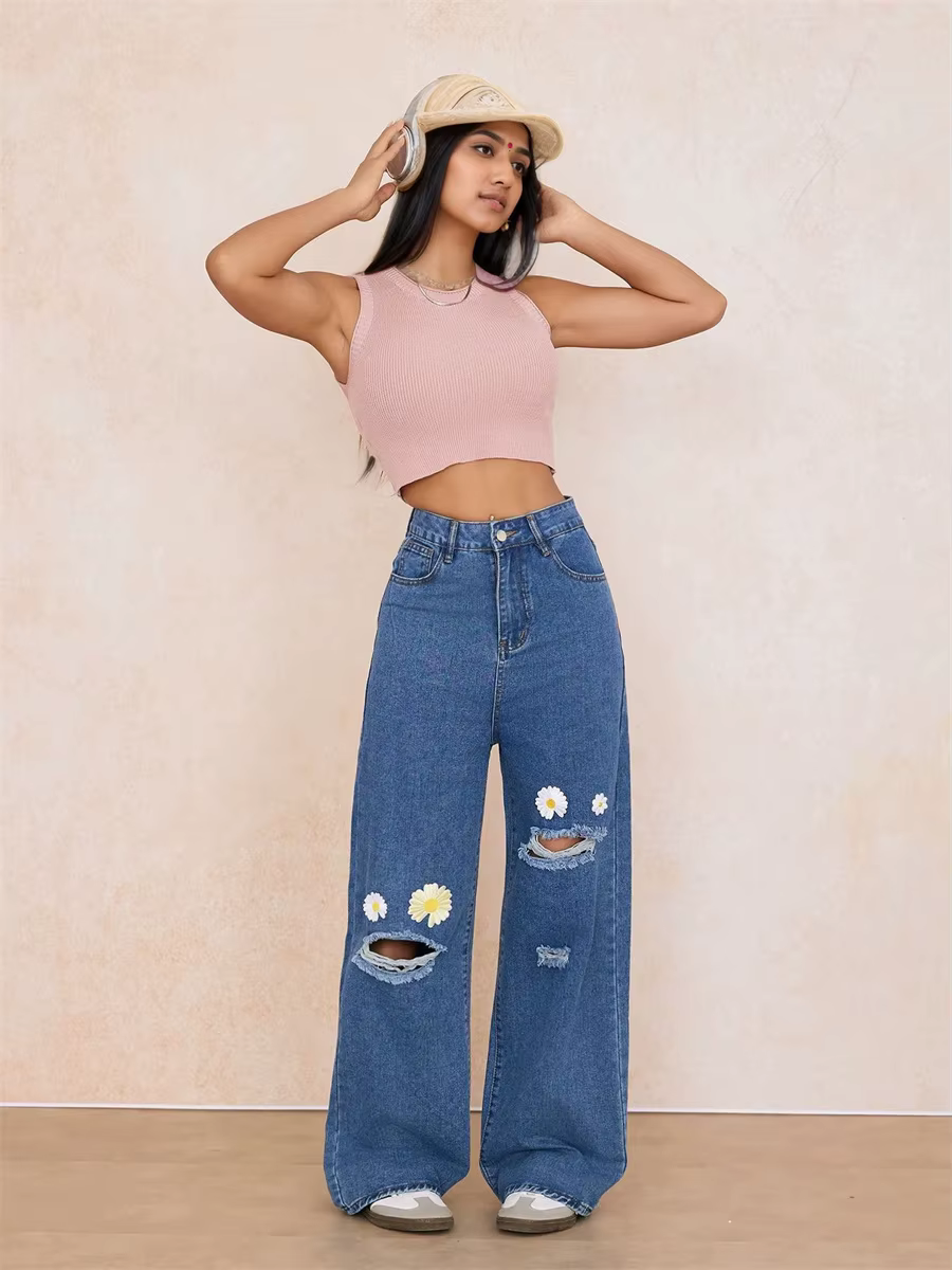 Embroidery High Waisted Streetwear Retro Baggy Wide-leg Denim Holes Jeans