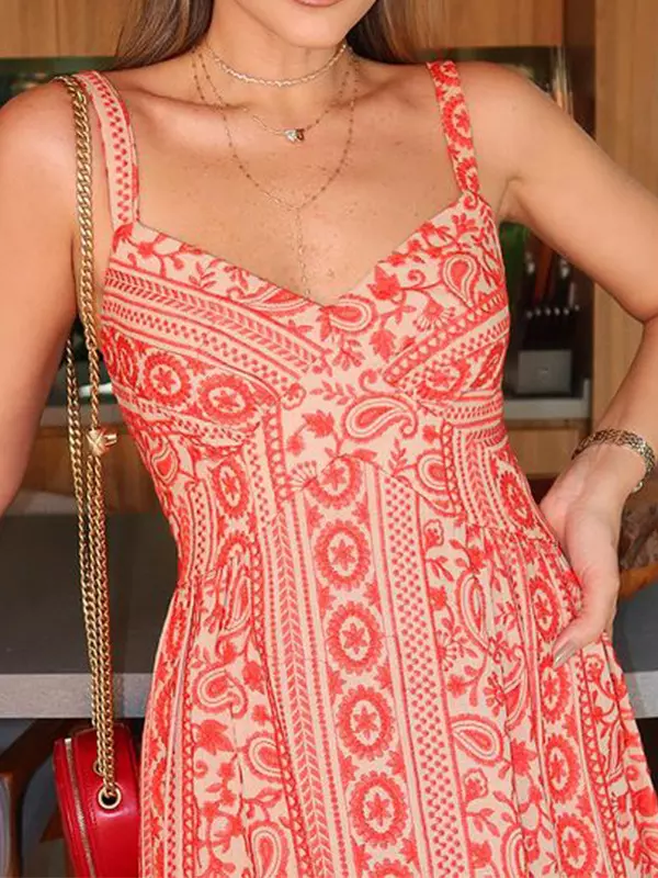 Ethnic Ruffles Pleated Floral Printed V-Neck Spaghetti Straps Maxi Dress - Image 3