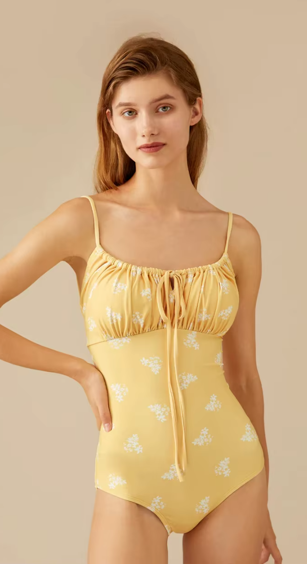 Fashion Floral Print One-Piece Bikini Drawstring Backless Swimsuit