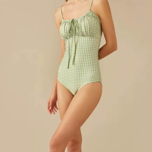 Fashion Plaid Print One-Piece Bikini Drawstring Backless Swimsuit