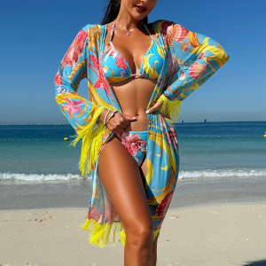 Fashion Printed Elegant Bikini Tassel Drape Beachwear Three Piece Set
