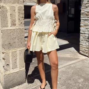 Fashion Sleeveless Tank Top With High Waist Loose Cotton Shorts 2 Piece Set