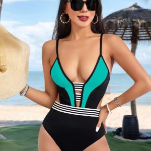 Fashion Solid Contrast One-Piece Swimsuit With Cut-Outs Swimwear