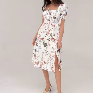 Floral Backless Bandage Short Sleeve Beach High Slit Bodycon Midi Dress