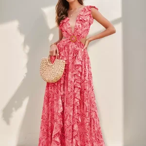 Floral Layered Ruffles Folklore V-Neck Sleeveless Front Slit Maxi Dresses