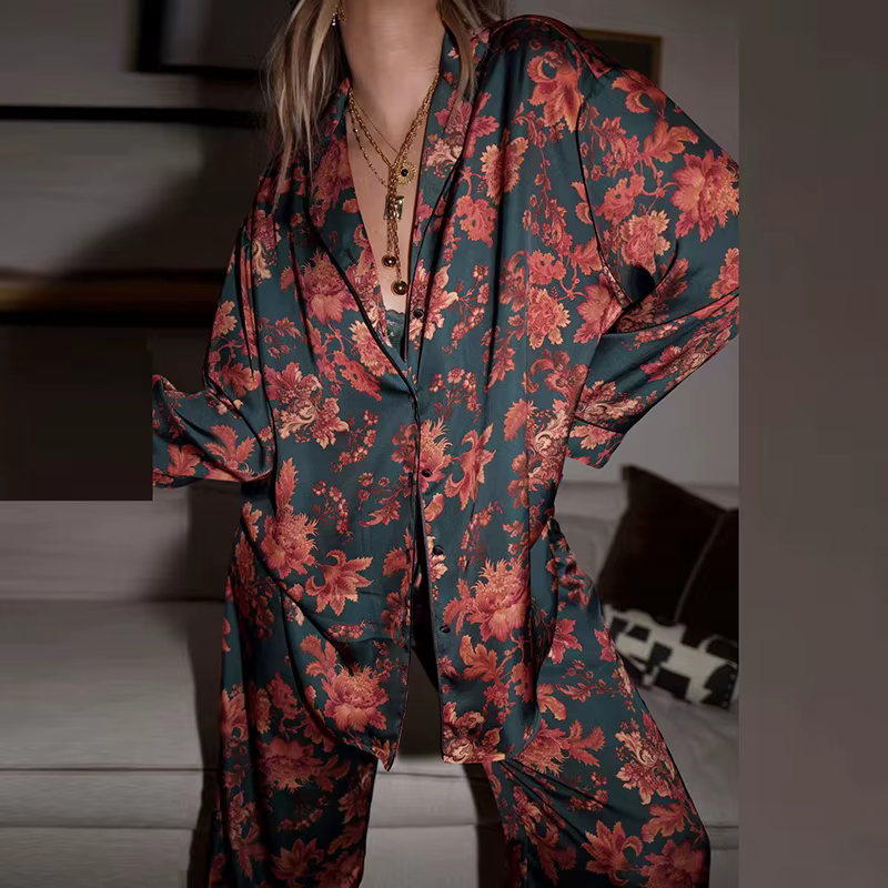 Floral Print Single Breasted Loose Lapel Shirts And Long Pant Two Piece Set - Image 4