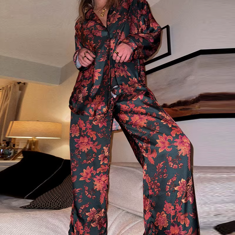 Floral Print Single Breasted Loose Lapel Shirts And Long Pant Two Piece Set