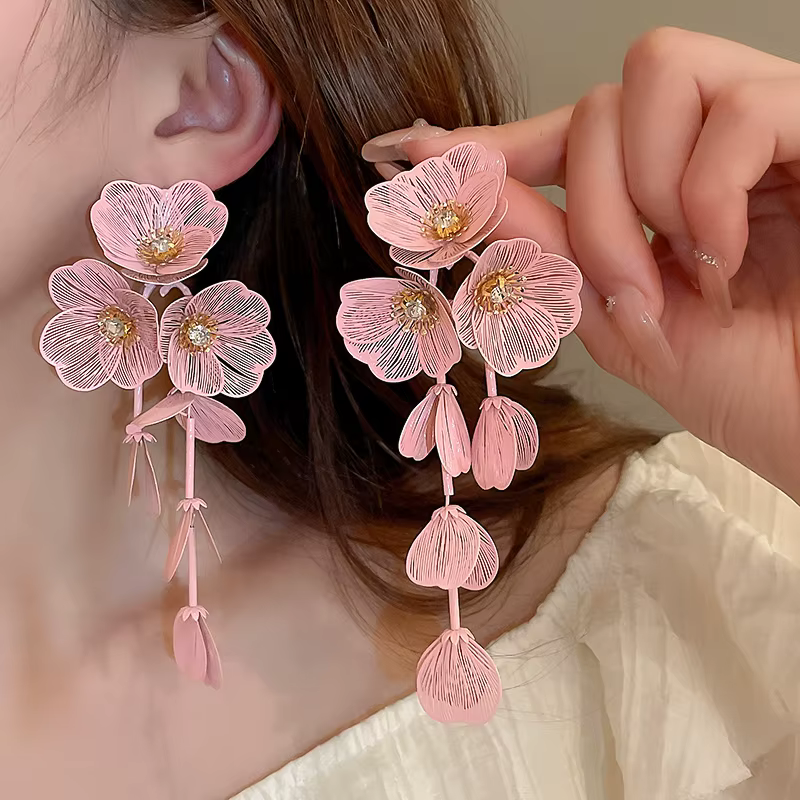 Flower Petal Fresh Temperament Inlaid Zircon Drop Long Earrings