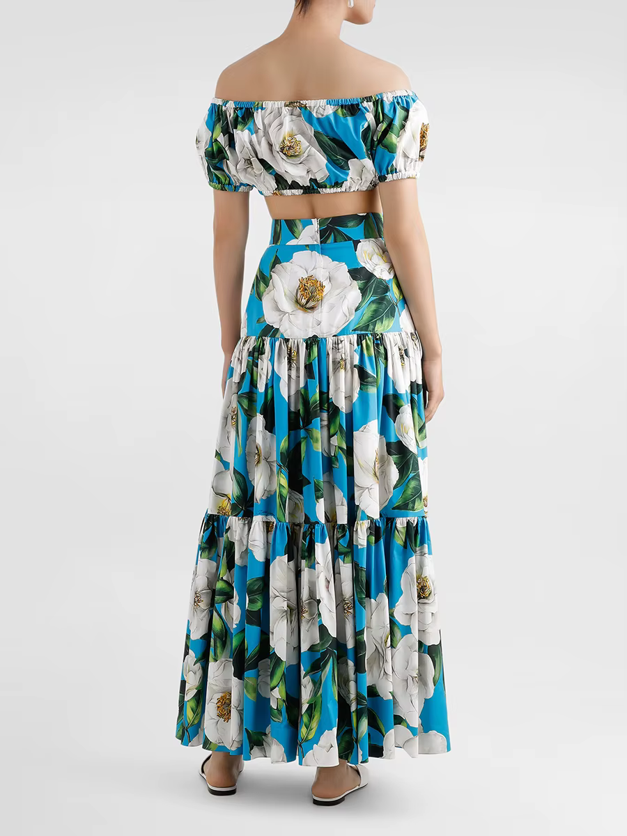 Flower Print Off The Shoulder Short Sleeve Top High Waist A Line Folds Skirts Two Piece Set - Image 2