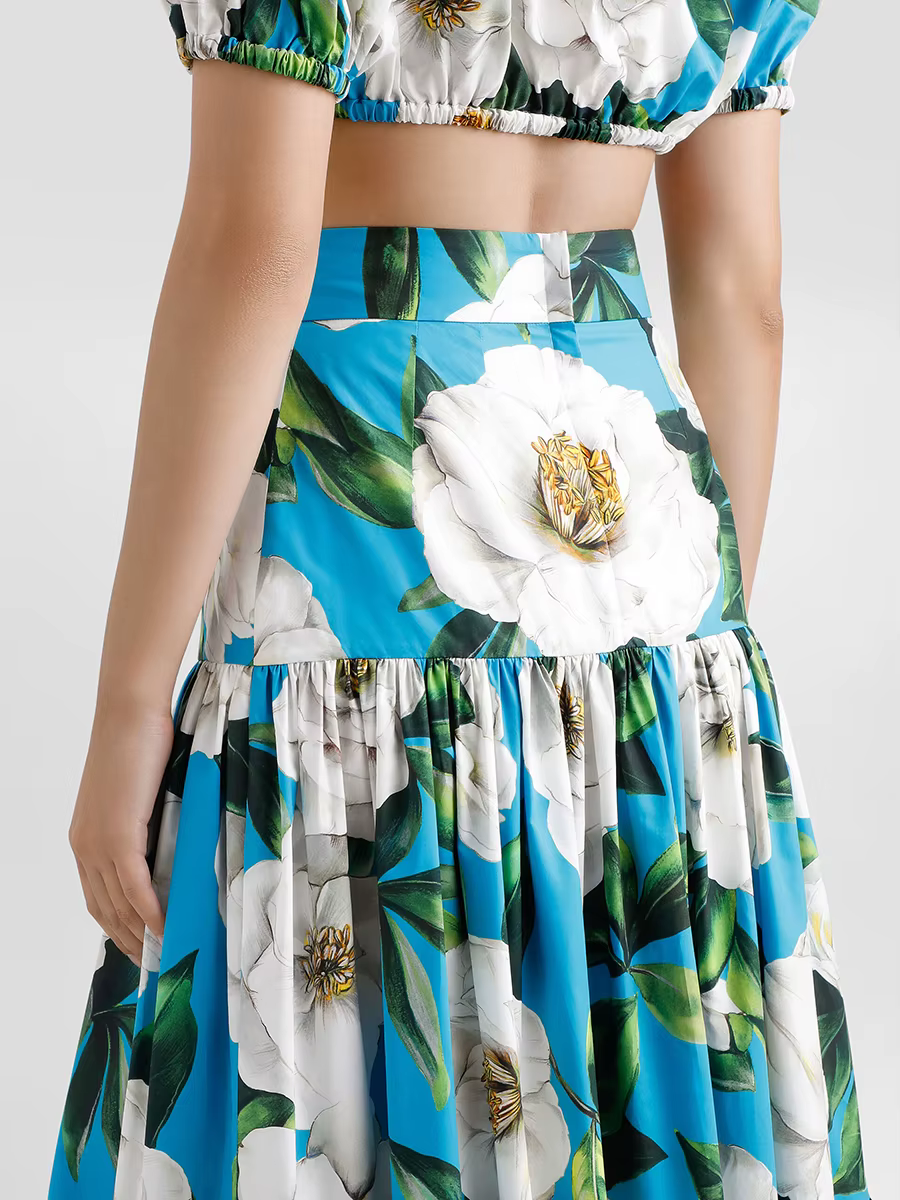 Flower Print Off The Shoulder Short Sleeve Top High Waist A Line Folds Skirts Two Piece Set - Image 3