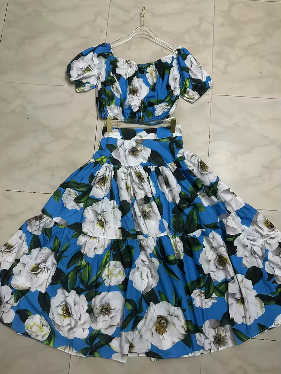 Flower Print Off The Shoulder Short Sleeve Top High Waist A Line Folds Skirts Two Piece Set - Image 5