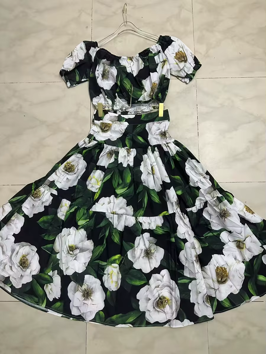 Flower Print Off The Shoulder Short Sleeve Top High Waist A Line Folds Skirts Two Piece Set - Image 6