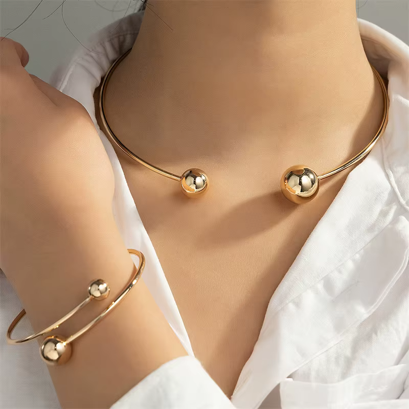Geometric Metal Round Ball Torques Cuff Necklace Bracelets Jewelry Set