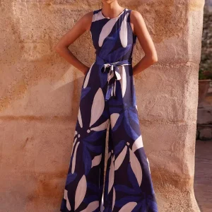 Casual Open Shoulder Printed Raised Waist And Belt Jumpsuit