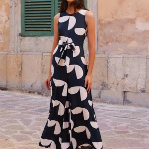 Elegant Jewel Printed Sleeveless High Waist And Belt Jumpsuit